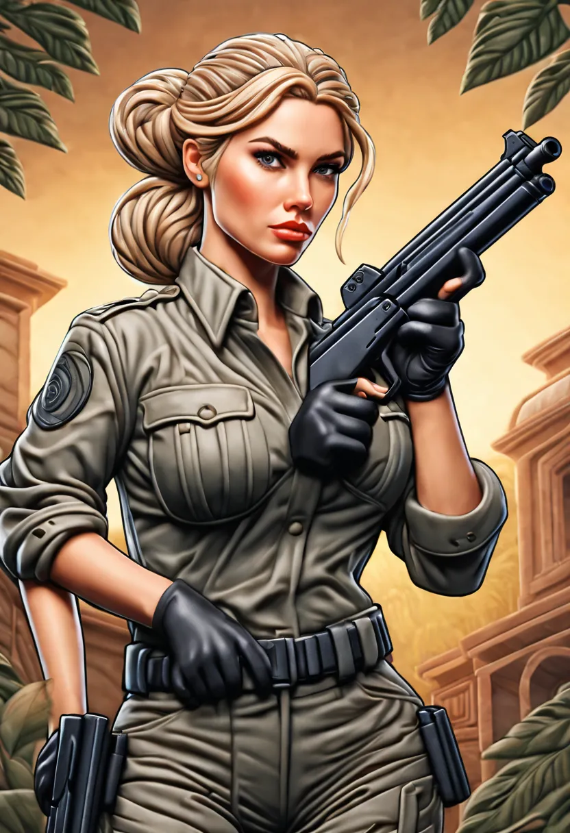 ** Cartoon-style masterpiece of a female detective with a gun, medium-length smooth blond hair with braided wreath, grey camoufl...