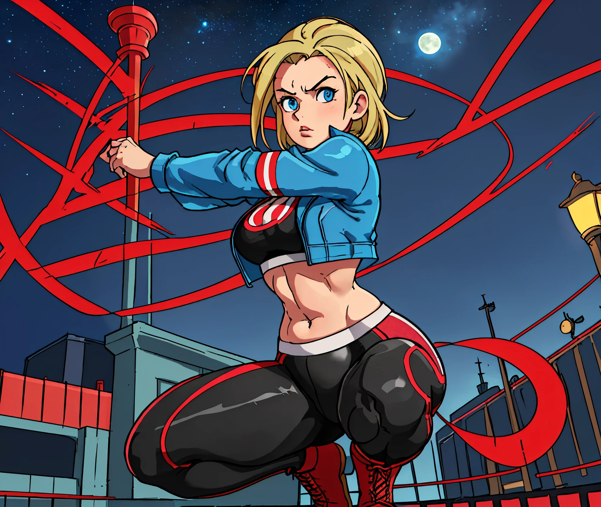 [Cammy], ((Masterpiece)), ((High res)), ((HD)), ((solo portrait)), ((full body)), ((front view)), ((feet visible)), ((anime)), ((beautiful render art)), ((detailed shading)), ((intricate details)), {(beautiful woman), (cute blue eyes), (short blonde hair), (cut on face), (defined muscles), (curvy hips), (beautiful legs), (beautiful lips), (angry expression), (puckered lips)}, {(black sports bra), (navel), (yoga pants), (short leather light blue jacket), (red horizontal stripes on sleeves), (red combat boots)}, {(squatting), (stretching), (crossed arms), (looking at viewer)}, [Background; (city), (skyscrapers), (lamp posts), (starry sky), (full moon), (ambient lighting)]