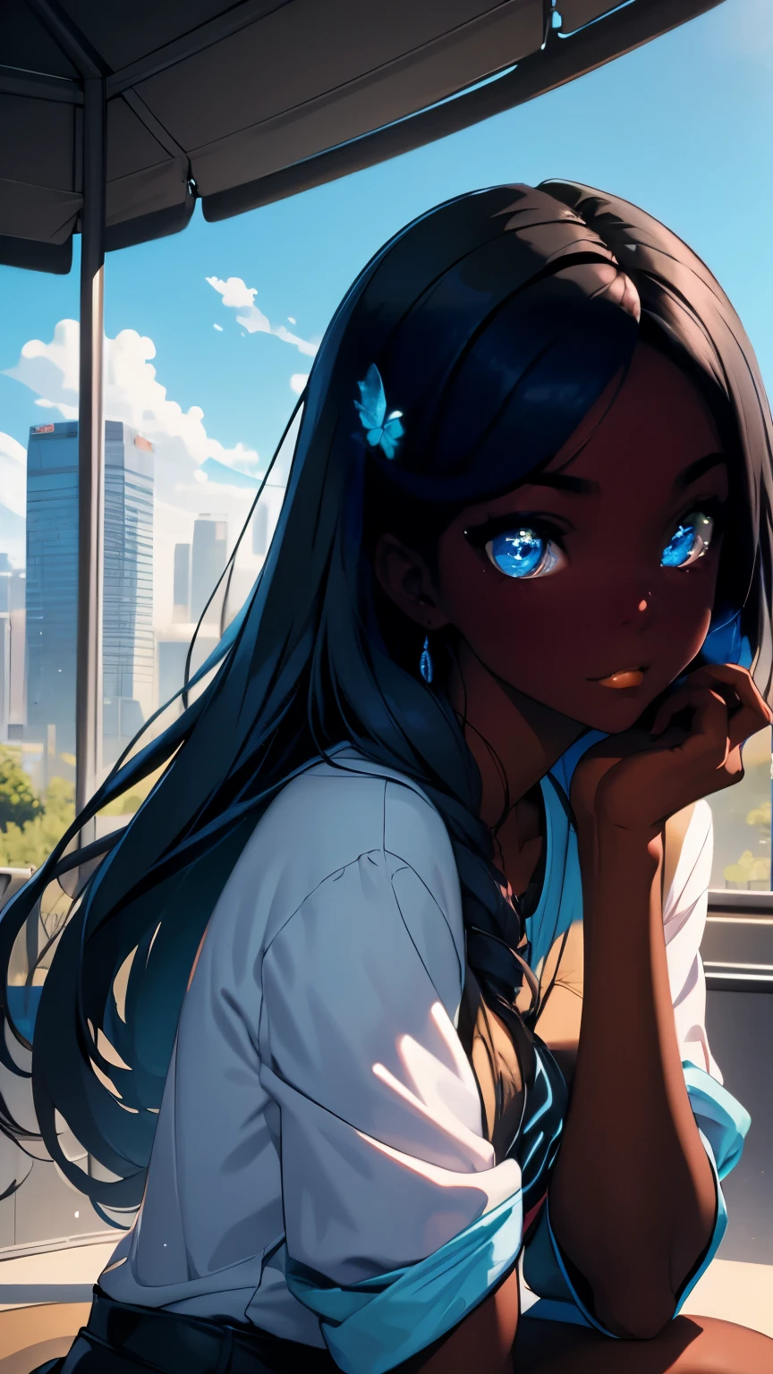 Pretty black woman sitting on a hillside, soft hair, funkypop, cyberdelic, grunge, hyperrealistic anime, lofi art, luminism, manga, medium shot, chemiluminescence, flare, flourescent lightin, character design, atey ghailan, basquiat, colorful_frequencies, electric colors, iridescent, dynamic pose, nouveau realisme, city background, african american, casual clothes 