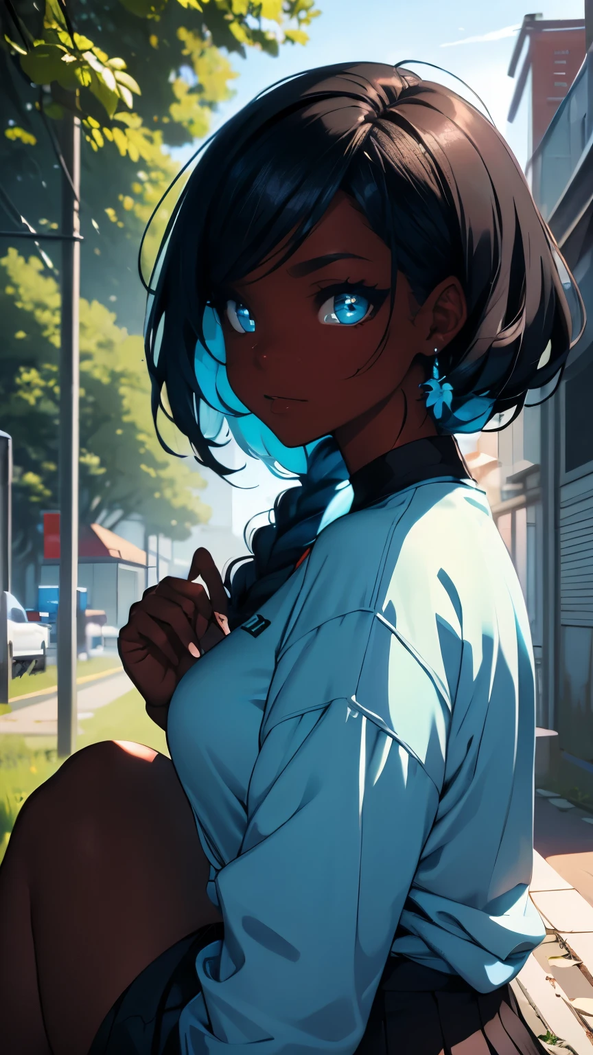Pretty black woman sitting on a hillside, soft hair, funkypop, cyberdelic, grunge, hyperrealistic anime, lofi art, luminism, manga, medium shot, chemiluminescence, flare, flourescent lightin, character design, atey ghailan, basquiat, colorful_frequencies, electric colors, iridescent, dynamic pose, nouveau realisme, city background, african american, casual clothes 