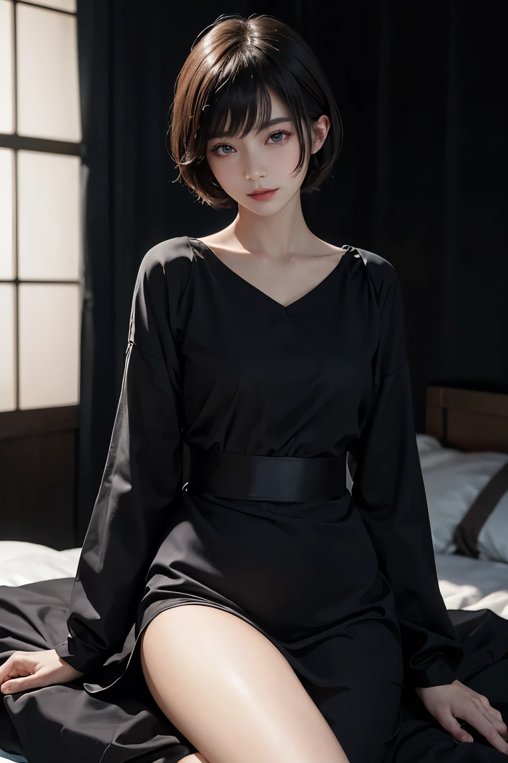 야경이 보이는 미래지향적인 객실、밤의 조용한 시간、세련된 흑백 방에서 쉬고 있는 아름다운 여성、위쪽을 봐, 눈을 감고 미소 지으세요、살짝 열린 입술、짧은 머리、아름다운 일본 여배우 잠옷、(진짜、フォト진짜)、아름다운 일본 여배우、짧은 머리、사키미 찬、시네마 라이트， 진짜isticlying， 최고의 품질， 복잡한 CG，매우 상세한 얼굴，높은 디테일의 눈，