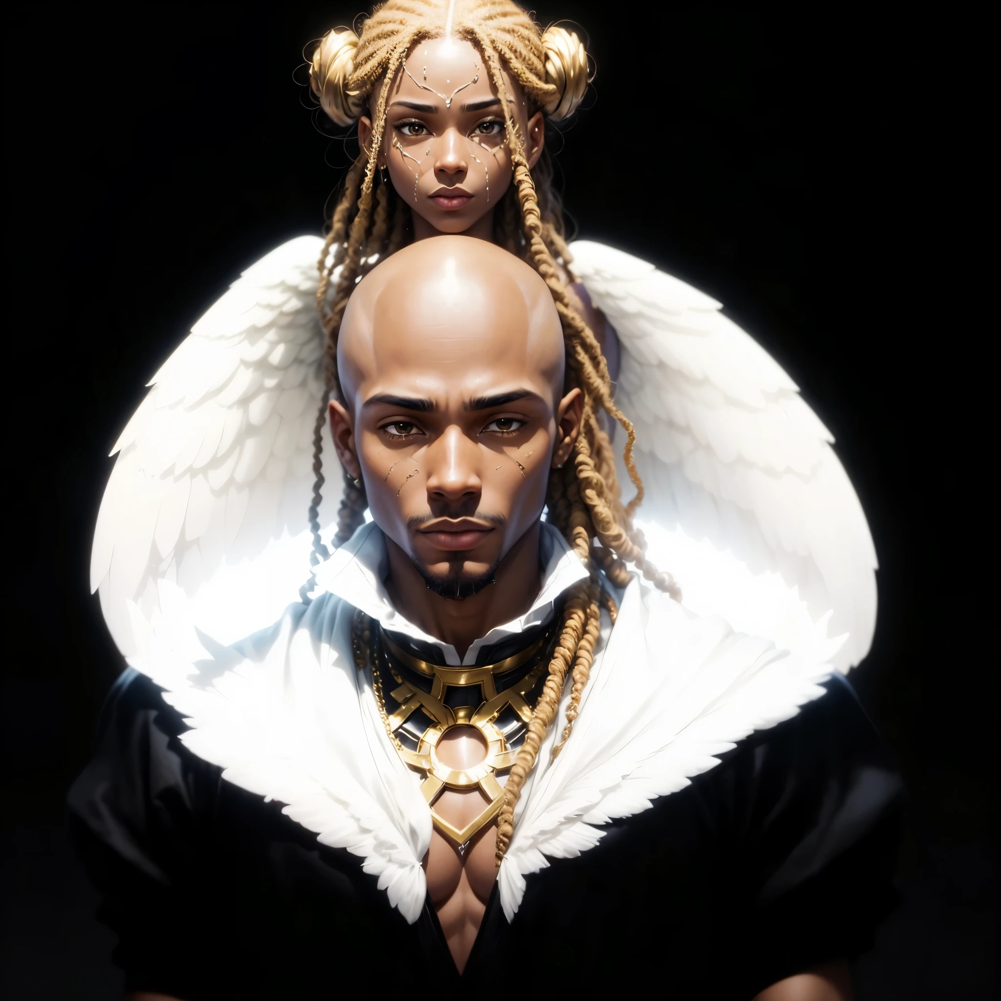 A highly detailed portrait Caramel Brown Skin 1Male rapper Bald in Luxury a comic book Hero, and an Angel women Beautiful Dread Hairstyle Goddess standing over him wrapping her wings around him in protection
, , super detail, light filled composition, dreamy composition, y2k aesthetic, lightning, 32k, Trending on Artstation, super detailed, intricate face, octane render, blender ::1