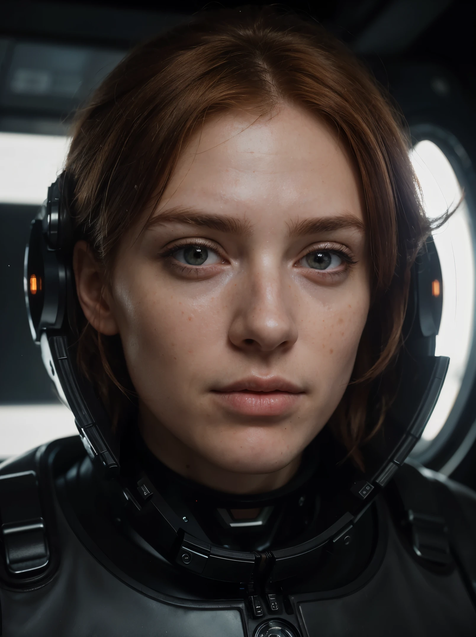 (best quality,4k,8k,highres,masterpiece:1.2),ultra-detailed,(realistic,photorealistic,photo-realistic:1.37),portrait,man,ginger hair,black,space,futuristic spacesuit,cute face,science fiction,dystopian,detailed eyes,light brown eyes,freckles:0.8