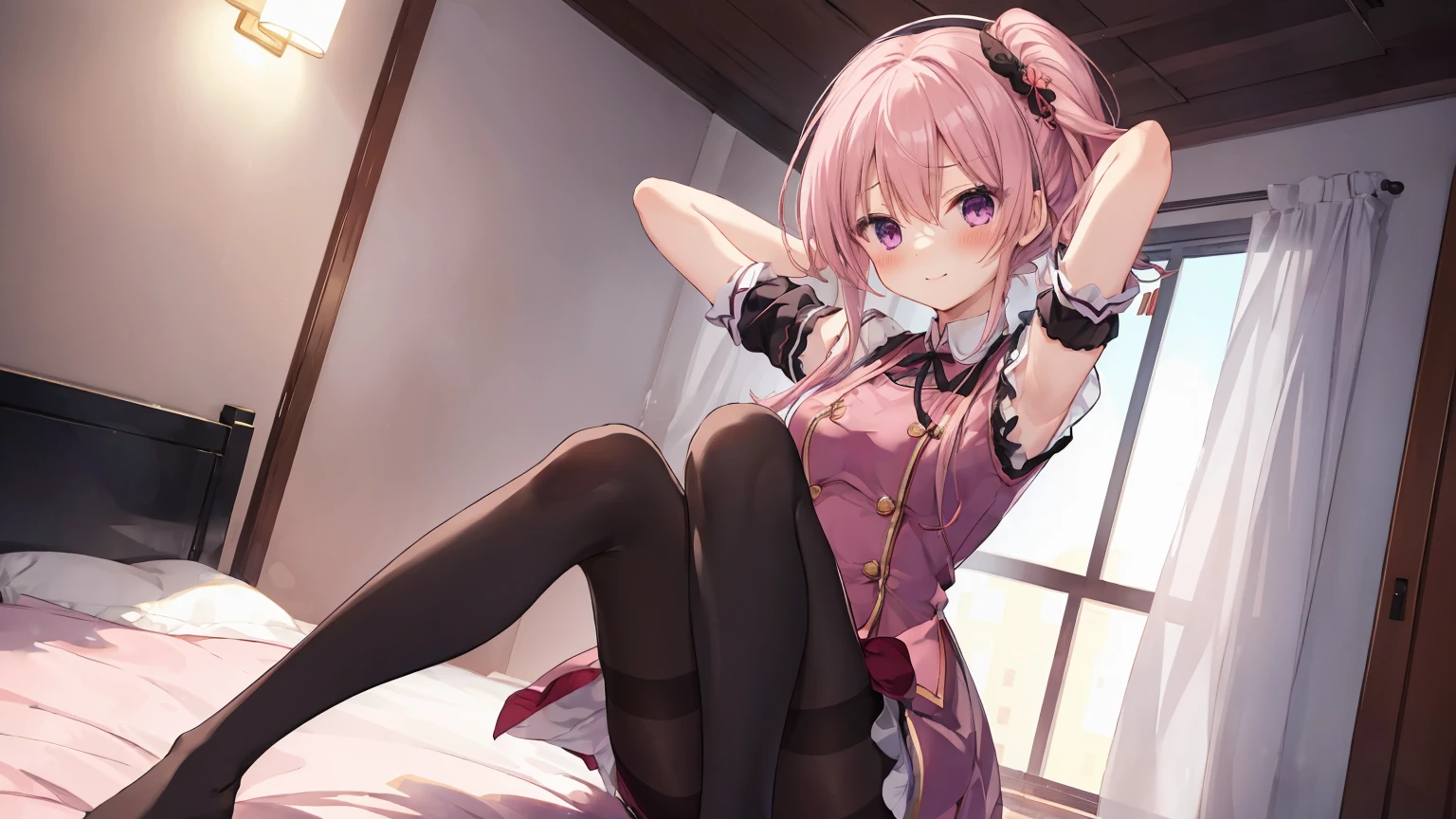 ChinaDress，Chinese buildings background， solo，a 18 year old girl，170cm height，45CM bust，Pink medium long hair，purple eyelack underwear，night，gentle，Smile， ((black pantyhose))，indoors，On a white bed，(((bare armlack gloveare arms，mitsukasa ayase，fighting pose，Blushing ，shyness，