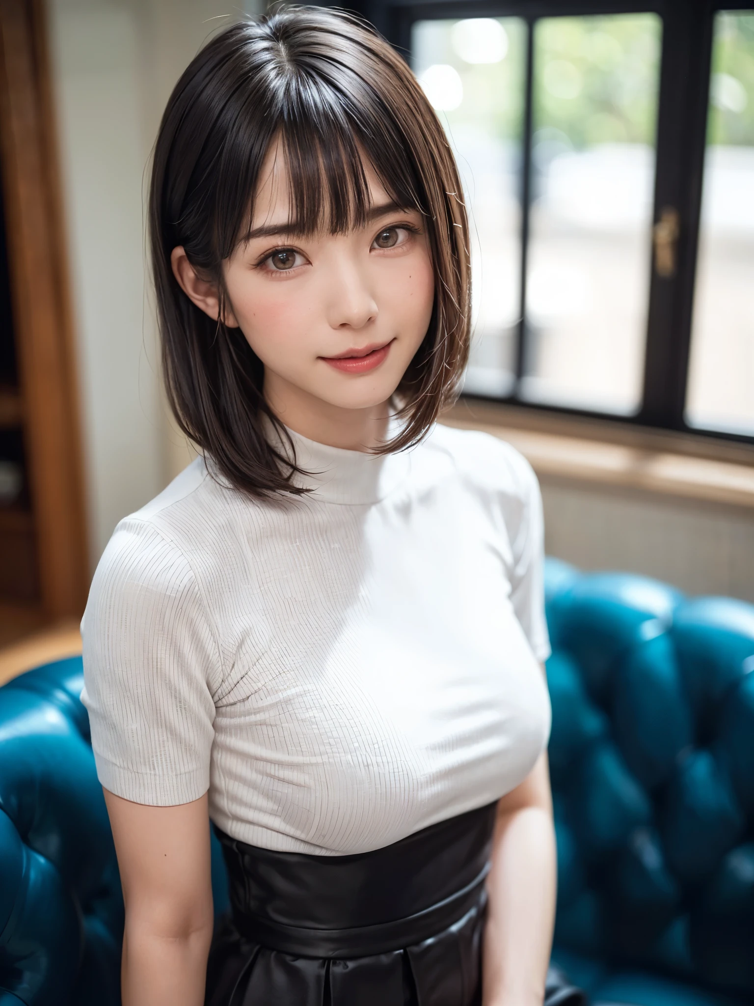 (muste piece, highest quality、High definition:1.4、very attractive beauty、Add intense highlights to your eyes、Look firmly at the camera:1.4、A beautiful woman full of charm、Ideal ratio body proportions、perfect anatomy、brunette short bob hair、shiny hair、bangs:1.4、Shiny Bangs:1.4、lip gloss),1 girl, Report, light brown shiny hair, Scarf,real, look at the audience、tilt your head a little, bright colored crystal light blue eyes, shiny short hair、 White turtleneck costume with a hole in the center of the chest,Sexy white turtleneck knit sweater with a round hole in the middle of the chest、 lips, lip gloss, upper part of the body、Big eyes、Lashes、face is a little red、I&#39;m embarrassed)、((italian road in winter))、((short hair with Big eyess、Give students very strong highlights、{gigantic|big breasts|Huge|mega} Generally poor breasts:1.6、very big breastsger Generally poor breasts、look at the viewer、very beautiful beauty、stick out ears、long neck、smile、smile、Feel happy、beautiful teeth、Open your mouth and smile、heart-shaped pupil))、28 years old、very cute super model、