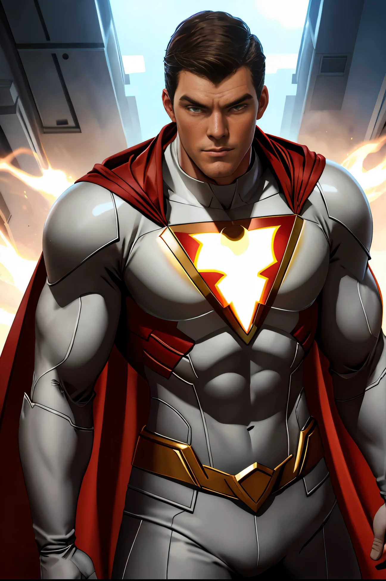 Shazam dos quadrinhos da DC.  com o rosto de Alan Ritchson..uniforme vermelho.capa branca relâmpago brilhante no peito.  detalhes metálicos amarelos no uniforme.  Cabelo preto.