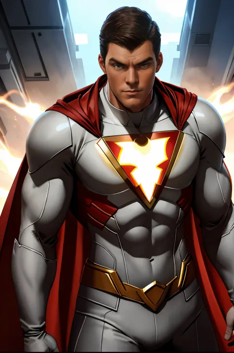 Shazam from DC comics.  with the face of Alan Ritchson..red uniform.white cape bright lightning on the chest.  yellow metallic d...
