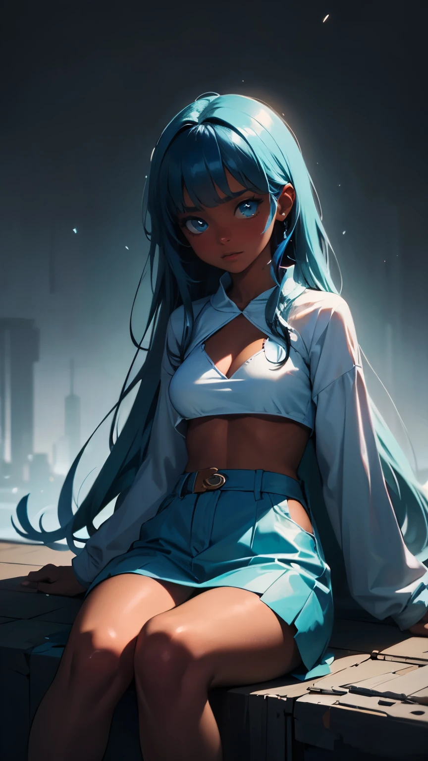 Pretty black woman sitting on a hillside, soft hair, funkypop, cyberdelic, grunge, hyperrealistic anime, lofi art, luminism, manga, medium shot, chemiluminescence, flare, flourescent lightin, character design, atey ghailan, basquiat, colorful_frequencies, electric colors, iridescent, dynamic pose, nouveau realisme, city background, african american