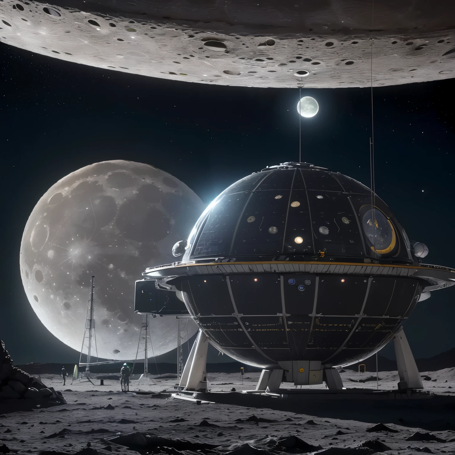 (((Station spatiale extraterrestre en orbite autour d'une lune))), dans l'espace, ((grosse mechanical and futuristic structure)), (plusieurs panneaux solaires)