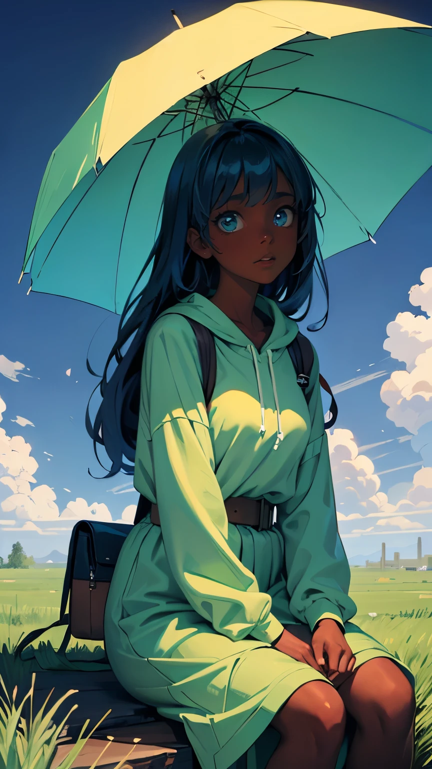 Pretty black woman sitting on a hillside, soft hair, funkypop, cyberdelic, grunge, hyperrealistic anime, lofi art, luminism, manga, medium shot, chemiluminescence, flare, flourescent lightin, character design, atey ghailan, basquiat, colorful_frequencies, electric colors, iridescent, dynamic pose, nouveau realisme, city background, african american