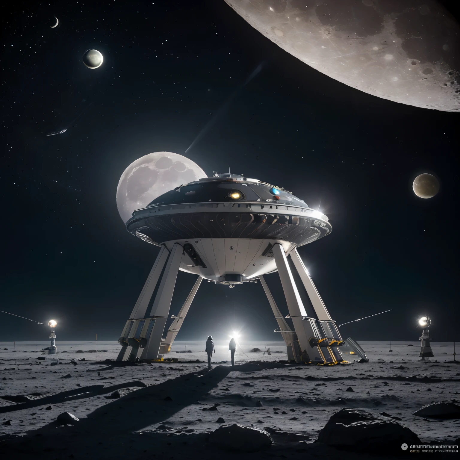 (((Station spatiale extraterrestre en orbite autour d'une lune))), dans l'espace, ((grosse mechanical and futuristic structure)), (plusieurs panneaux solaires)