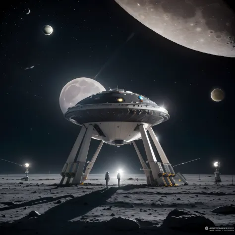 (((station spatiale extraterrestre en orbite autour d'une lune))), dans l'espace, ((grosse mechanical and futuristic structure))...