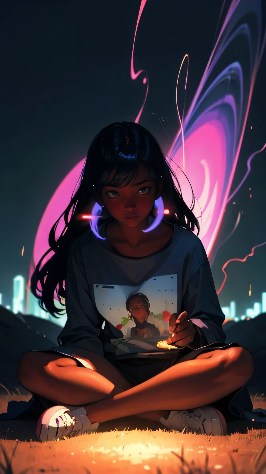 Pretty black woman sitting on a hillside, soft hair, funkypop, cyberdelic, grunge, hyperrealistic anime, lofi art, luminism, manga, medium shot, chemiluminescence, flare, flourescent lightin, character design, atey ghailan, basquiat, colorful_frequencies, electric colors, iridescent, dynamic pose, nouveau realisme, city background, african american