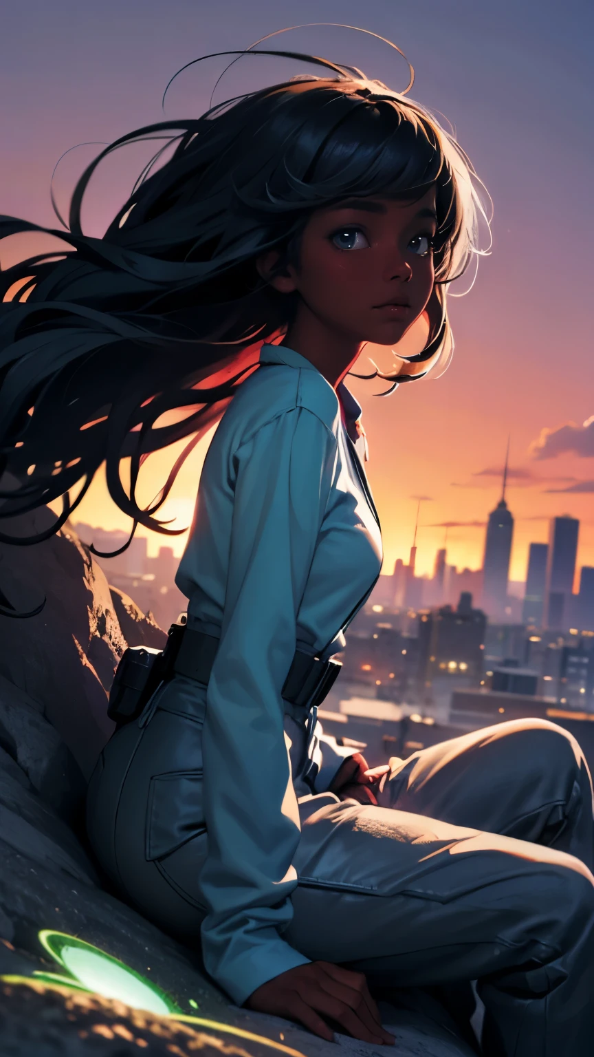 Pretty black woman sitting on a hillside, soft hair, funkypop, cyberdelic, grunge, hyperrealistic anime, lofi art, luminism, manga, medium shot, chemiluminescence, flare, flourescent lightin, character design, atey ghailan, basquiat, colorful_frequencies, electric colors, iridescent, dynamic pose, nouveau realisme, city background, african american, casual clothing 