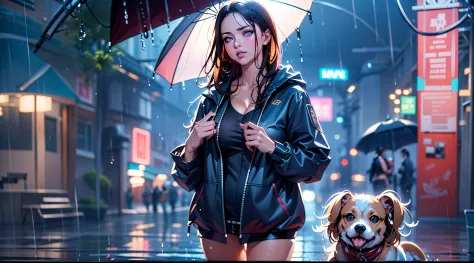 full body portrait of a photo realistic beautiful girl, 1 girl, facing forward, waifu, flowing hair, short modern rain protectio...