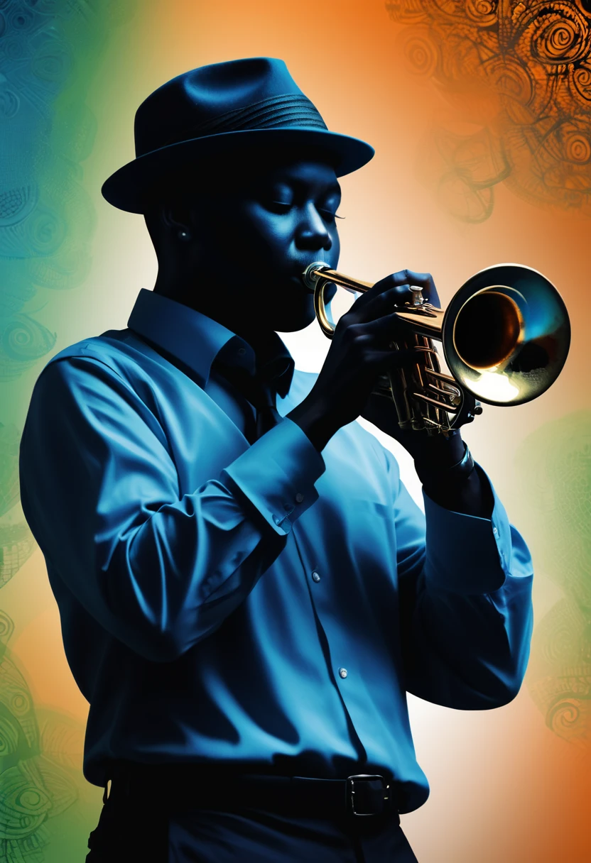 (best quality,highres:1.2),silhouette of a jazz trumpeter,colorful background,blue,orange,green,blurred,zentangle style,black,brown, crunch it, make it outstanding, the best emotive silhouette ever, thanks. By Tupu...lol...