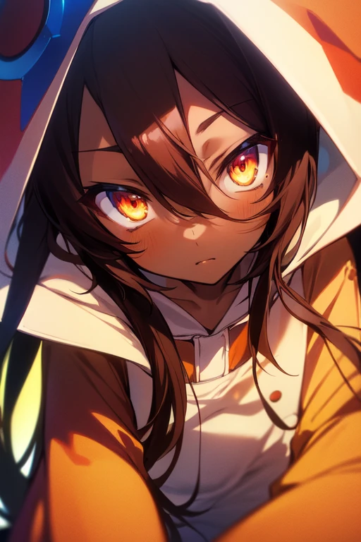 Masterpiece, Top quality, high resolution, highres, 8k, best quality, HD, child, 1 male, shota, cute, innocent, ((dark skin)), orange eyes, otokonoko, dark brown hair long hair in a side-swept style smooth, wearing an a white Giant Hoodie onesie, close up, (no game no life Shuvi), 