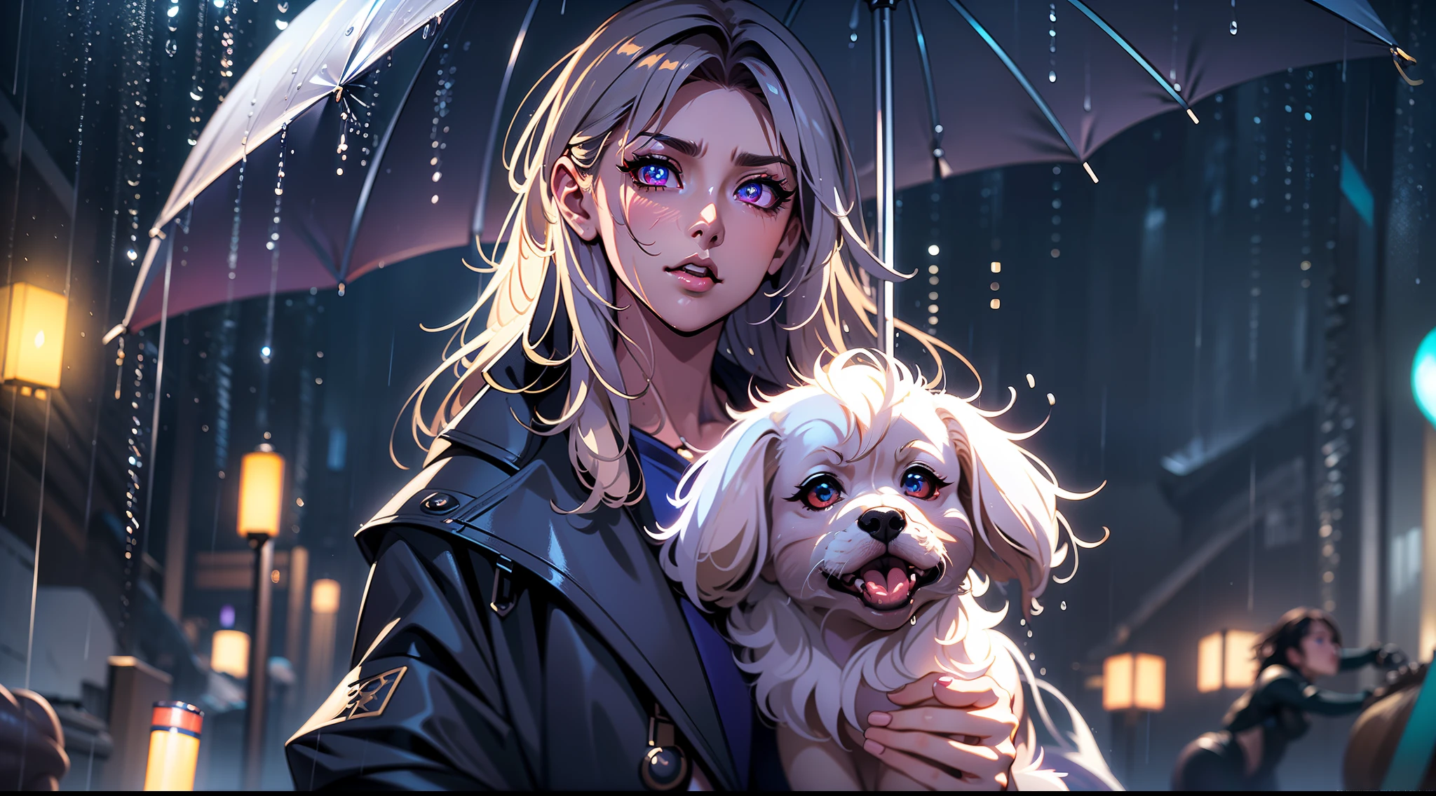 full body portrait of a photo realistic beautiful girl, 1 girl, facing forward, waifu, flowing hair, short modern rain protection clothing with an umbrella, big beautiful flirtateous open eyes, standing straight, cinematic lighting, relaxing raining weather environment setting, highly detailed, digital painting, trending on artstation, pixiv, concept art, sharp focus, illustration, art by ross tran and wlop, Glowing eyes, Best quality, good lighting, large breasts with cleavage, seductive face, Masterpiece, highres,sharp focus,(ultra detailed,extremely detailed),(photorealistic artwork:1.37),(extremely detailed CG unity 8k wallpaper),(((vibrant colors,vibrant theme))),(intricate),(masterpiece),(best quality), girl is playing with a cute small dog under the umbrella
