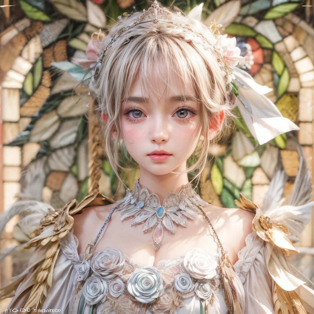 SFW, concept art, Tiny junior idol, Delicate lace knitted white clothes, (Exposed:0.9), (nipple:-0.9), (dynamic closeup, (Dazzling stained glass Background)), (((Renbutsu Misako), colorful Light shines through stunning elaborate stained glass:1.2, vivid Red colors, lense Particle, lens flare, light Particle, Dazzling Halo, Acutance:0.8)). (masterpiece:1.2),(ultra-detailed:1.37),(realistic,photorealistic,photo-realistic:1.37), (Extremely detailed KAWAII face variations, innocent expression variations), rosy cheeks, intricate detailed eyes with sparkling highlights, long eyelashes with volume, subtle blush on the face. Mystic sight, haze, impeccable skin texture, captivating gaze, ((Dynamic-angle, physically-based rendering)) . (((not Detailed fingers:-0.9, large eyes:-0.8))) .