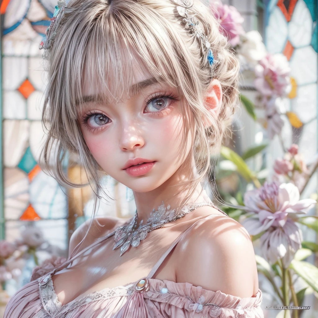 SFW, concept art, Tiny junior idol, Delicate lace knitted white clothes, (Exposed:0.9), (nipple:-0.9), (dynamic closeup, (Dazzling stained glass Background)), (((Renbutsu Misako), colorful Light shines through stunning elaborate stained glass:1.2, vivid Red colors, lense Particle, lens flare, light Particle, Dazzling Halo, Acutance:0.8)). (masterpiece:1.2),(ultra-detailed:1.37),(realistic,photorealistic,photo-realistic:1.37), (Extremely detailed KAWAII face variations, innocent expression variations), rosy cheeks, intricate detailed eyes with sparkling highlights, long eyelashes with volume, subtle blush on the face. Mystic sight, haze, impeccable skin texture, captivating gaze, ((Dynamic-angle, physically-based rendering)) . (((not Detailed fingers:-0.9, large eyes:-0.8))) .