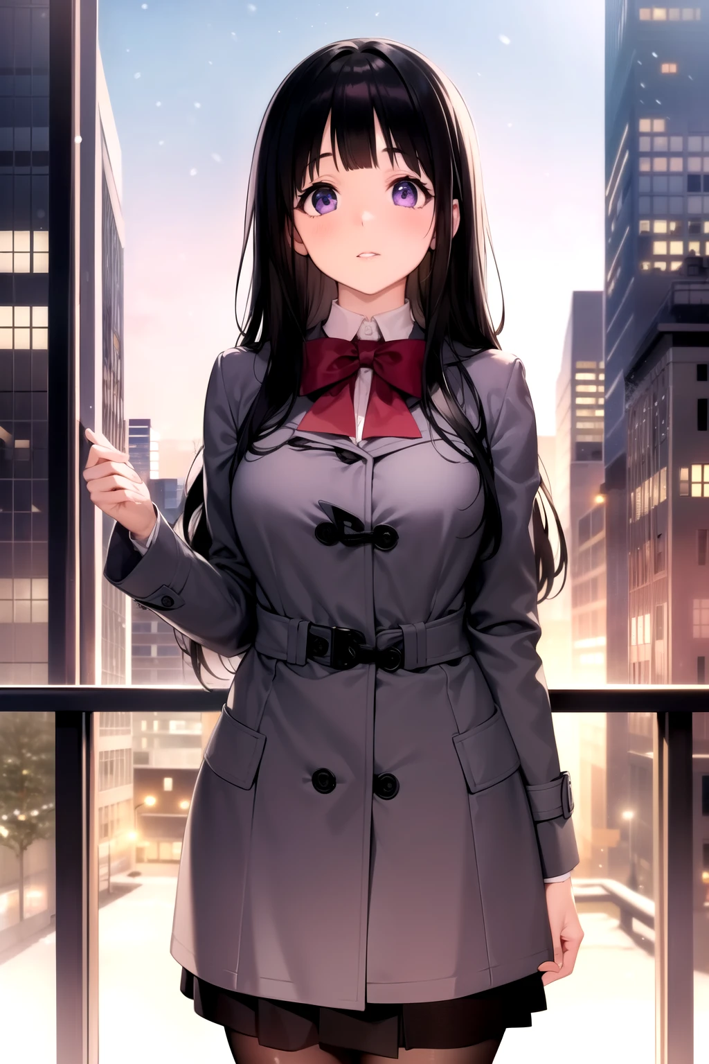 (A superb exquisite Chitanda Eru), (mature face), purple eyes, long black hair, natural straight hair, straight bangs, solo, [Small_breasts: large_breasts: 0.5], normal breasts, ((tall buildings, city, winter)), (purple coat, skirt), extremely delicate, peerless beautiful girl, dreamy quality, exaggerated facial features, solid color, delicate face, bright lips, slender waist, soft-straight curves, soft lights and shadows, super fine, 8K HD, (masterpiece:1.4), (finely detailed beautiful eyes: 1.2)