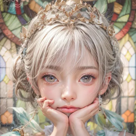 SFW, concept art, Tiny junior idol, Delicate lace knitted white clothes, (nipple:-0.9), face closeup, ((Dazzling stained glass B...