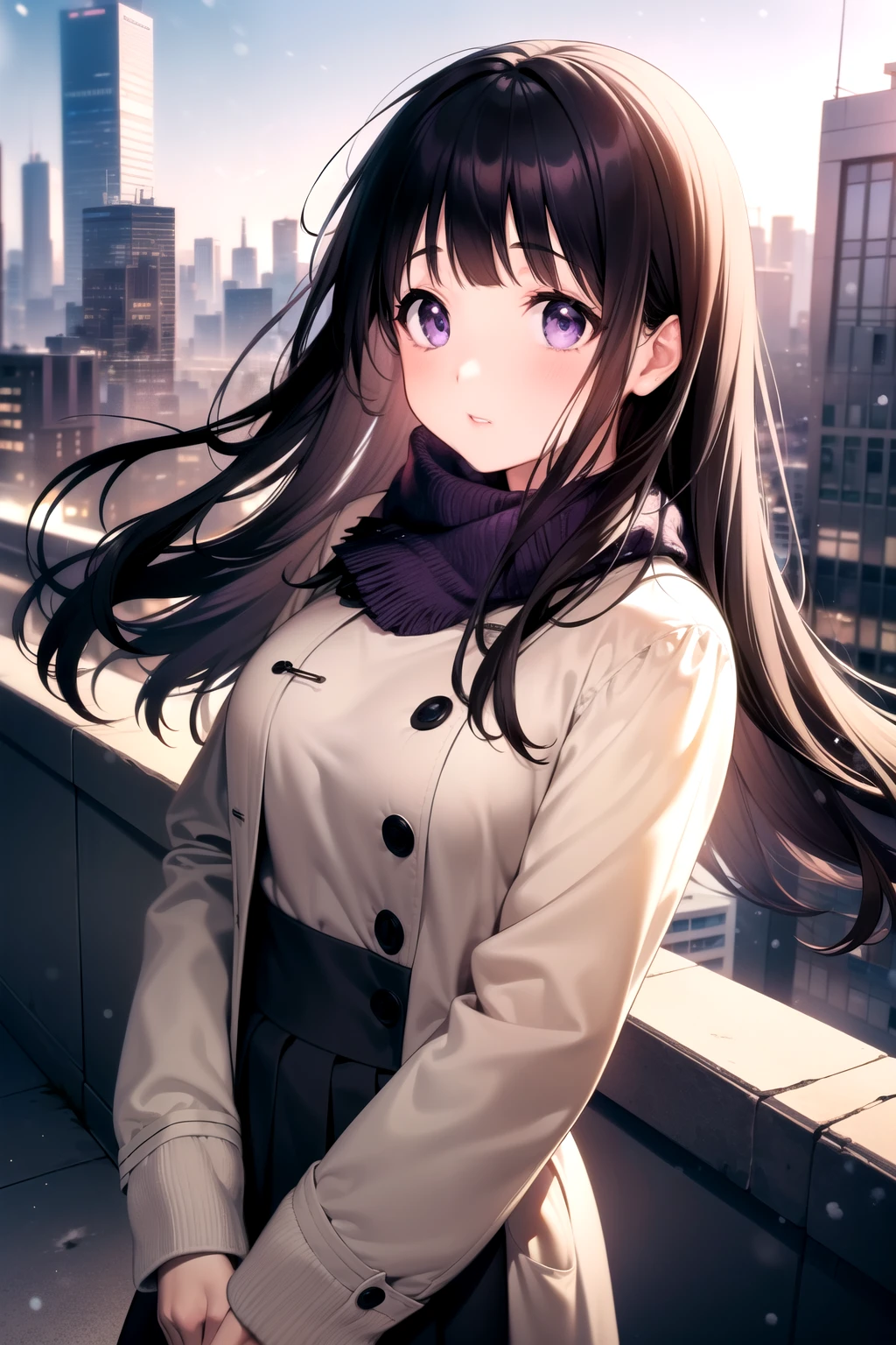 (A superb exquisite Chitanda Eru), (mature face), purple eyes, long black hair, natural straight hair, straight bangs, solo, [Small_breasts: large_breasts: 0.5], normal breasts, ((tall buildings, city, winter)), (purple coat, skirt), extremely delicate, peerless beautiful girl, dreamy quality, exaggerated facial features, solid color, delicate face, bright lips, slender waist, soft-straight curves, soft lights and shadows, super fine, 8K HD, (masterpiece:1.4), (finely detailed beautiful eyes: 1.2)