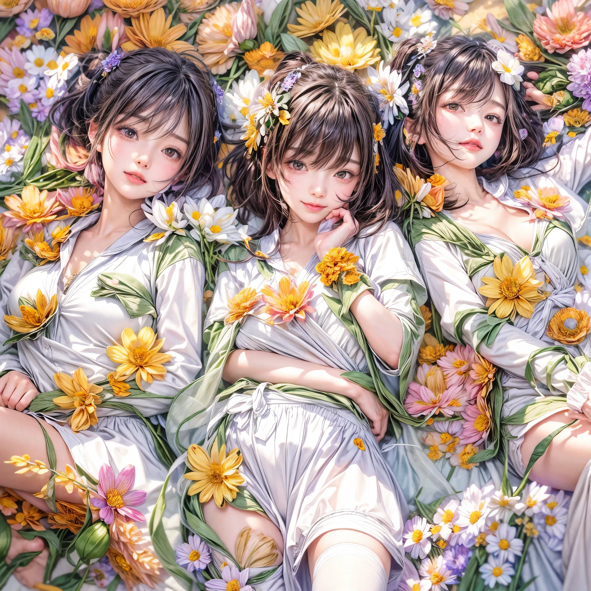 (((4 KAWAII girls laying in a colorful flower space, full of flowers))), ((SFW)), (Acutance:0.8), (Exposed:1.2), (Nipple:-0.9), (Face variations), { Sailor collar Uniform | Delicate white lace knitted wear | Delicate bikini made of flowers }, { Swaguchi Aika | Navel | pretty Ass | Overflowing sideboob | laying back }, { laughing | evil smile | :D }, ( oiled glistening skin), various color hair, {short bob|bung hair|low twin tail hair}, dynamic angle,  {White| Red | gold | vivid colors }, (masterpiece:1.2), extremely detailed, (physically-based rendering, realistic, (photorealistic, (RAW Photograph:1.37))), an extremely delicate and beautiful, (( covering whole body with (many many flowers:1.37))), ( no extra limbs, not Detailed fingers:-0.9 ) .