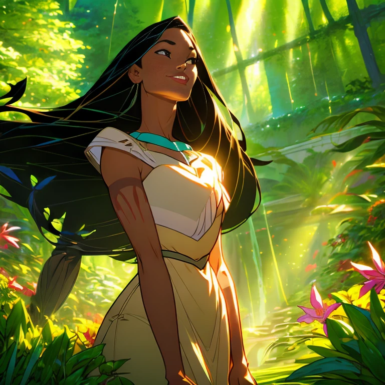 A girl with long, flowing black hair, piercing brown eyes, and a warm smile, her body is fit, big breast, perfect eyes, adorned in a traditional Native American dress, standing gracefully in the midst of lush greenery. She is surrounded by a vibrant garden filled with colorful flowers, tall trees, and chirping birds. In the background, a gentle river flows, reflecting the golden rays of the setting sun. The scene exudes tranquility and a deep connection with nature.

The artwork is created using the finest oil paints, capturing each intricate detail of the girl's native attire and the delicate flowers. The brushstrokes are precise, showcasing the artist's skill and attention to detail. High-resolution techniques bring out the vivid colors and textures, making the painting come alive.

The colors used in this masterpiece are rich and vibrant, reflecting the natural beauty of the environment. The warm earth tones lend a sense of warmth and harmony to the scene, while pops of bright colors in the flowers and the girl's dress add visual interest and excitement.

The lighting in the painting is soft and warm, casting a gentle glow on the girl's face and highlighting the natural contours of her features. The sunlight filtering through the trees creates beautiful dappled patterns on the ground, adding depth and dimension to the overall composition.

In summary, the Stable Diffusion prompt to generate a high-quality image of Pocahontas could be:
"native American girl in traditional attire,flowing black hair, piercing brown eyes,warm smile,lush greenery,colorful flowers,tall trees,chirping birds,garden,gentle river,setting sun,oil painting,finest details,high-resolution,vivid colors,warm earth tones,soft and warm lighting,dappled patterns"