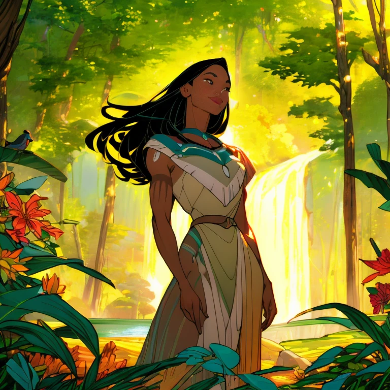 A girl with long, flowing black hair, piercing brown eyes, and a warm smile, her body is fit, big breast, perfect eyes, adorned in a traditional Native American dress, standing gracefully in the midst of lush greenery. She is surrounded by a vibrant garden filled with colorful flowers, tall trees, and chirping birds. In the background, a gentle river flows, reflecting the golden rays of the setting sun. The scene exudes tranquility and a deep connection with nature.

The artwork is created using the finest oil paints, capturing each intricate detail of the girl's native attire and the delicate flowers. The brushstrokes are precise, showcasing the artist's skill and attention to detail. High-resolution techniques bring out the vivid colors and textures, making the painting come alive.

The colors used in this masterpiece are rich and vibrant, reflecting the natural beauty of the environment. The warm earth tones lend a sense of warmth and harmony to the scene, while pops of bright colors in the flowers and the girl's dress add visual interest and excitement.

The lighting in the painting is soft and warm, casting a gentle glow on the girl's face and highlighting the natural contours of her features. The sunlight filtering through the trees creates beautiful dappled patterns on the ground, adding depth and dimension to the overall composition.

In summary, the Stable Diffusion prompt to generate a high-quality image of Pocahontas could be:
"native American girl in traditional attire,flowing black hair, piercing brown eyes,warm smile,lush greenery,colorful flowers,tall trees,chirping birds,garden,gentle river,setting sun,oil painting,finest details,high-resolution,vivid colors,warm earth tones,soft and warm lighting,dappled patterns"