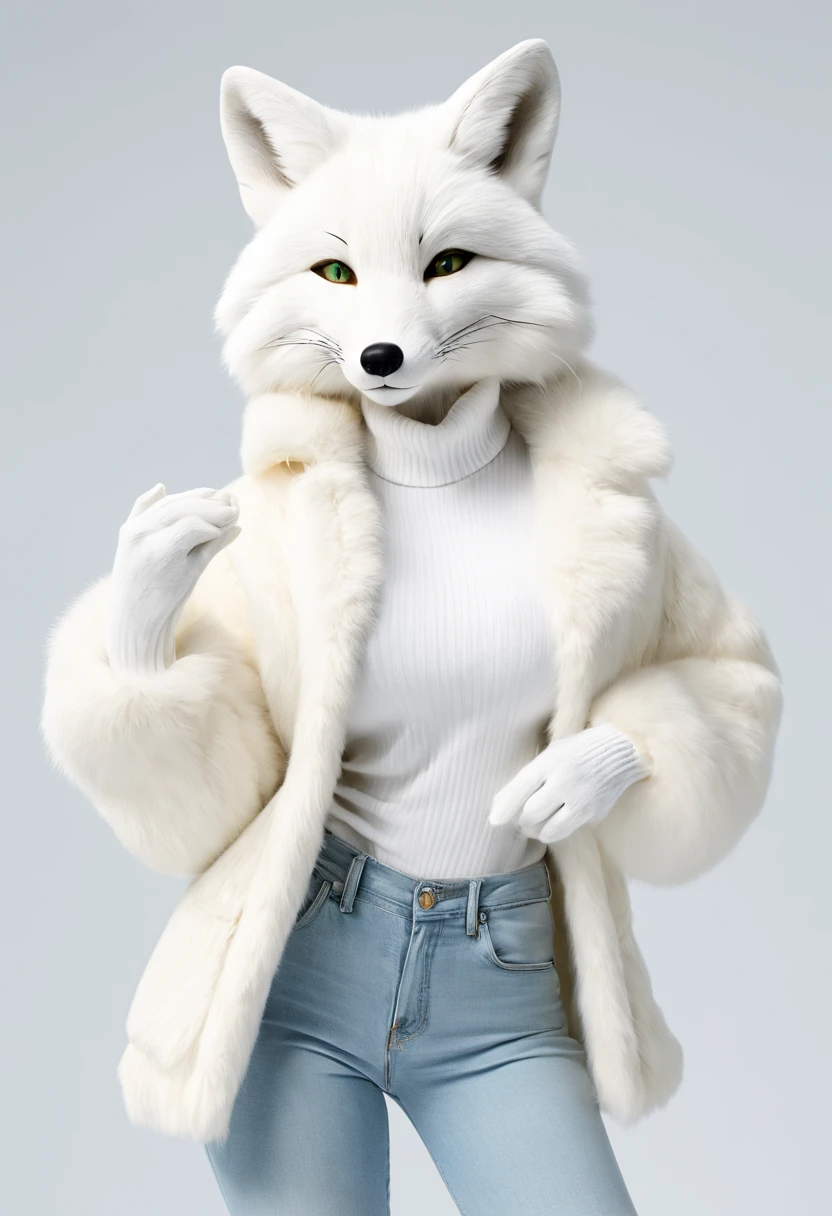 Best quality, 4K, masterpiece, art, anthropomorphic white fox, not human, not man, not human face, correct anatomy, correct fingers, white wool, white clothes, jeans (white), jacket (white), fursona art, incredibly huge breasts (covered), simple white background, white white, green pupils, cunning look  