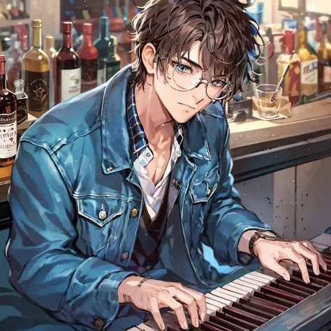 medium hair, messy hair, brown hair, blue eyes, denim jacket, bowtie, 1boy, male, formal, glasses, bar, piano