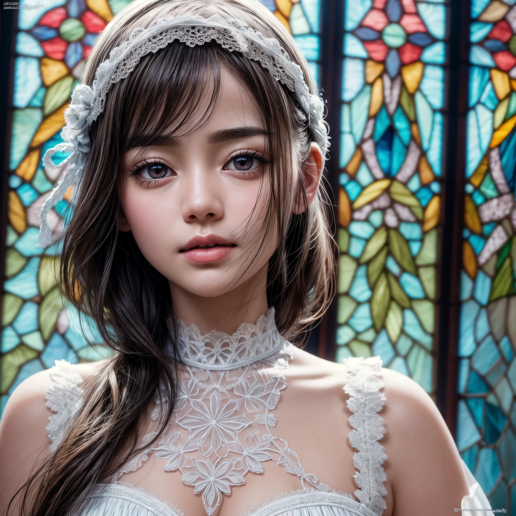 SFW, concept art, Tiny junior idol, Delicate lace knitted white clothes, (nipple:-0.9), face closeup, ((Dazzling stained glass Background)), (((Renbutsu Misako), colorful Light shines through stunning elaborate stained glass:1.2, vivid Red colors, lense Particle, lens flare, light Particle, Dazzling Halo, Acutance:0.8)). (masterpiece:1.2),(ultra-detailed:1.37),(realistic,photorealistic,photo-realistic:1.37), (Extremely detailed KAWAII face variations, innocent expression variations), rosy cheeks, intricate detailed eyes with sparkling highlights, long eyelashes with volume, subtle blush on the face. Mystic sight, haze, impeccable skin texture, captivating gaze, ((Dynamic-angle, physically-based rendering)) . (((not Detailed fingers:-0.9))) .