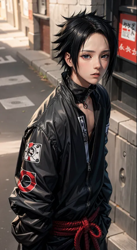 Masterpiece, 1boy, Superb Style,  Streetwear chothes, Outdoor, Upper Body, Uchiha Sasuke, bright eyes, black hair, cool boy