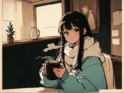 20 year old dark-haired woman、Being Calm、gentle light、black background、Coffee、head shot、Lo-Fi Illustration、a relaxing sight、In a...