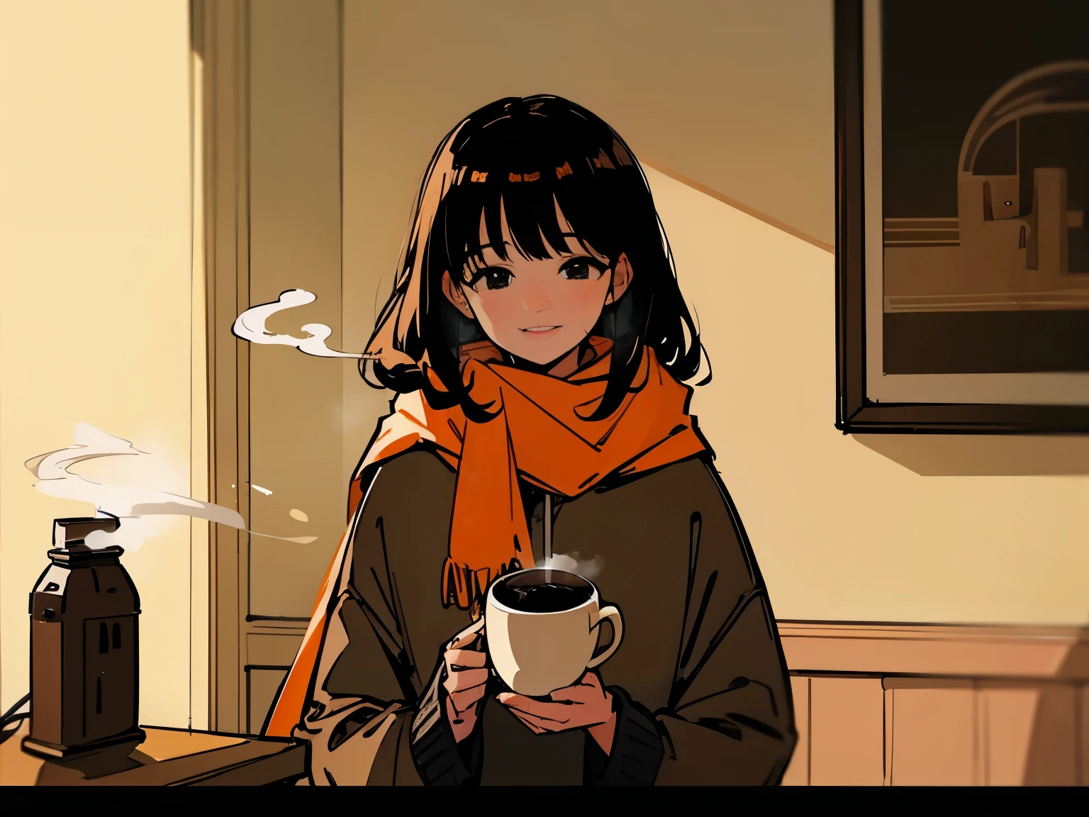 20 year old dark-haired woman、Being Calm、gentle light、black background、Coffee、head shot、Lo-Fi Illustration、a relaxing sight、In a warm room、Scarf、hoodie、Steam from a hot drink、I feel relieved、smile、Looks fun、orange lamp shade