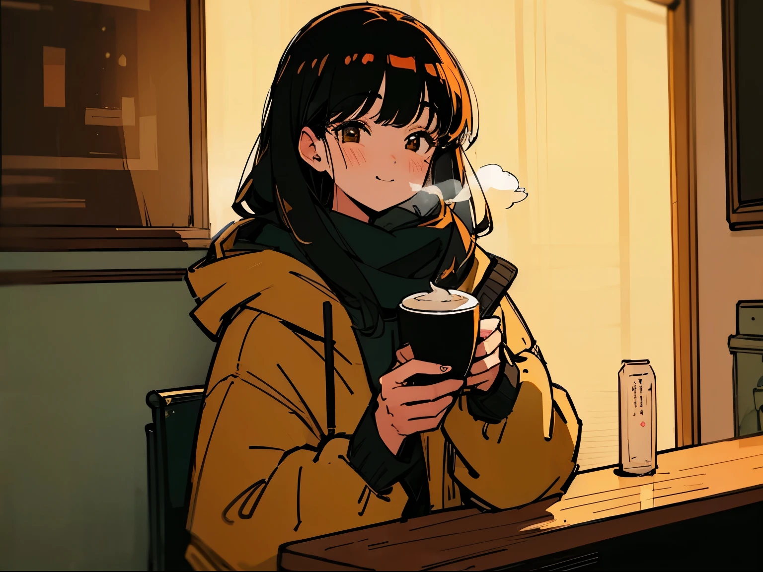 20 year old dark-haired woman、Being Calm、gentle light、black background、Coffee、head shot、Lo-Fi Illustration、a relaxing sight、In a warm room、Scarf、hoodie、Steam from a hot drink、I feel relieved、smile、Looks fun、orange lamp shade