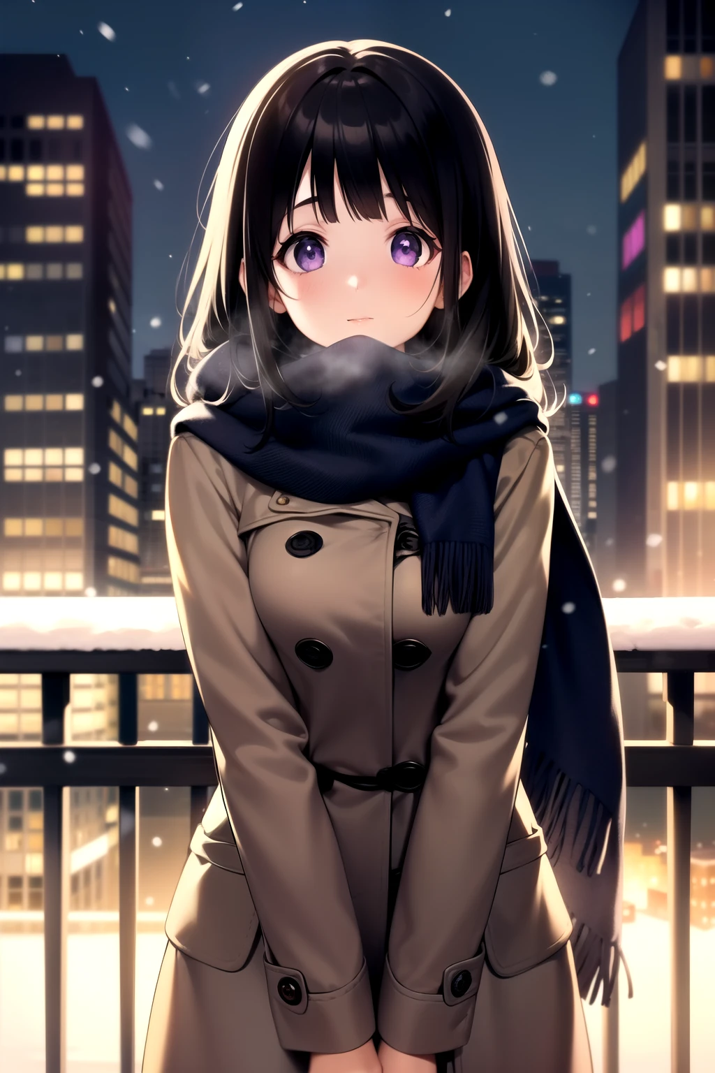 (A superb exquisite Chitanda Eru), (mature face), purple eyes, long black hair, natural straight hair, straight bangs, solo, [Small_breasts: large_breasts: 0.5], normal breasts, ((tall buildings, city, winter, scarf)), (purple coat, skirt), extremely delicate, peerless beautiful girl, dreamy quality, exaggerated facial features, solid color, delicate face, bright lips, slender waist, soft-straight curves, soft lights and shadows, super fine, 8K ULTRA HD, (masterpiece:1.4), (finely detailed beautiful eyes: 1.2)