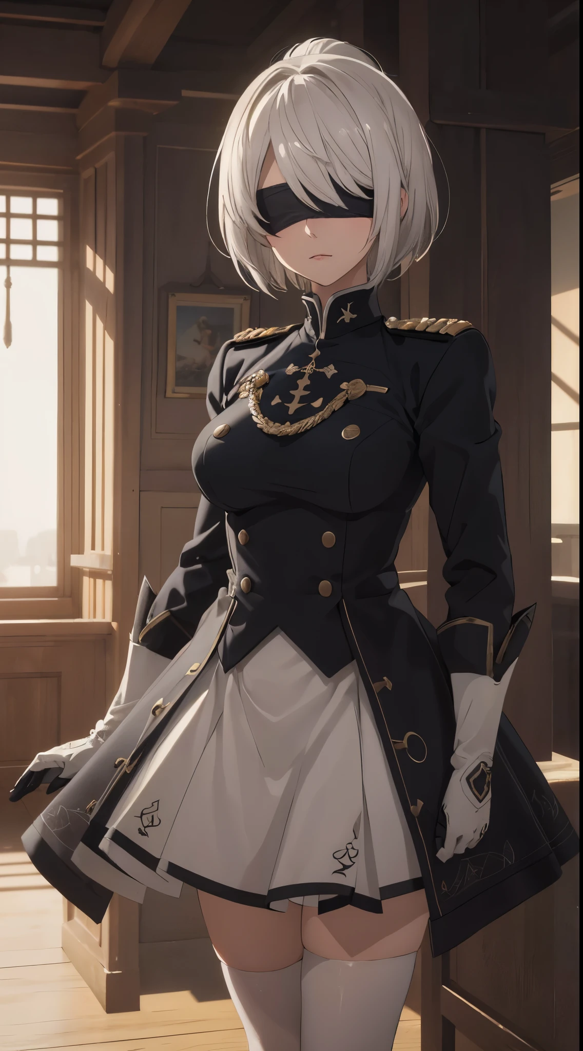 (extremely detailed CG unity 8k wallpaper), (masterpiece), (best quality), (ultra-detailed), (best illustration), (best shadow), (absurdres), 2b, 1girl, short hair, long ponytail, normal size boobs, white hair, blindfold solo, Intimidating women, admiral uniform, night, hero pose, white clothes, General Uniform, Military Uniform, Sunlight, exposed to sunlight,commander, cape, fighting, ((beautiful fantasy girl)), (Master Part: 1.2), Best Quality, High Resolution, photorealestic, photogenic, Unity 8k壁纸, perfect lighting, (perfect arms, perfect anatomy) beatiful face, intricate details, Detalhes realistas, the anime, The Perfect Girl, perfect details, Ultra HD |, 8K, Professional photo(extremely detailed CG unity 8k wallpaper), (masterpiece), (best quality), (ultra-detailed), (best illustration), (best shadow), (absurdres), 2b, 1girl, short hair, short ponytail, normal size boobs, white hair, blindfold solo, Intimidating women, admiral uniform, night, hero pose, white clothes, General Uniform, Military Uniform, Sunlight, exposed to sunlight, commander, black clothes, sunkissed, sunset background