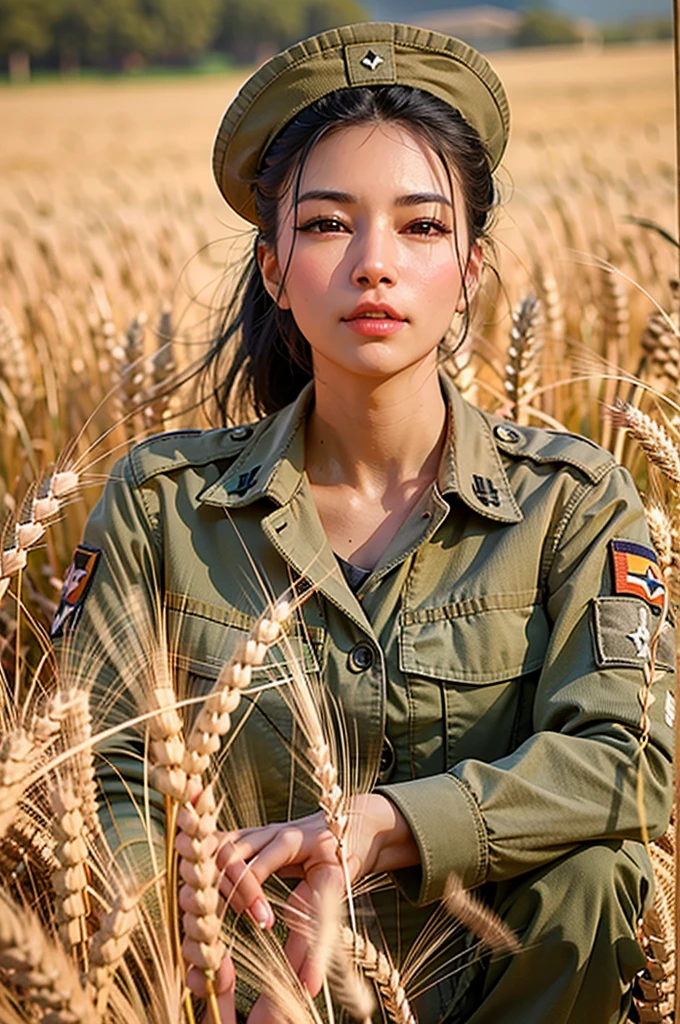 paparazzi photo of graciebon, wearing (army uniform:1.2), wheat field, upper body, fill lighting, eye level, 