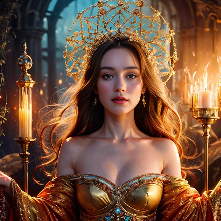 A breathtakingly realistic portrayal of a woman with ethereal beauty set against the backdrop of a divine and fantastical world, with an exquisitely detailed background that immerses the viewer in its enchanting atmosphere.