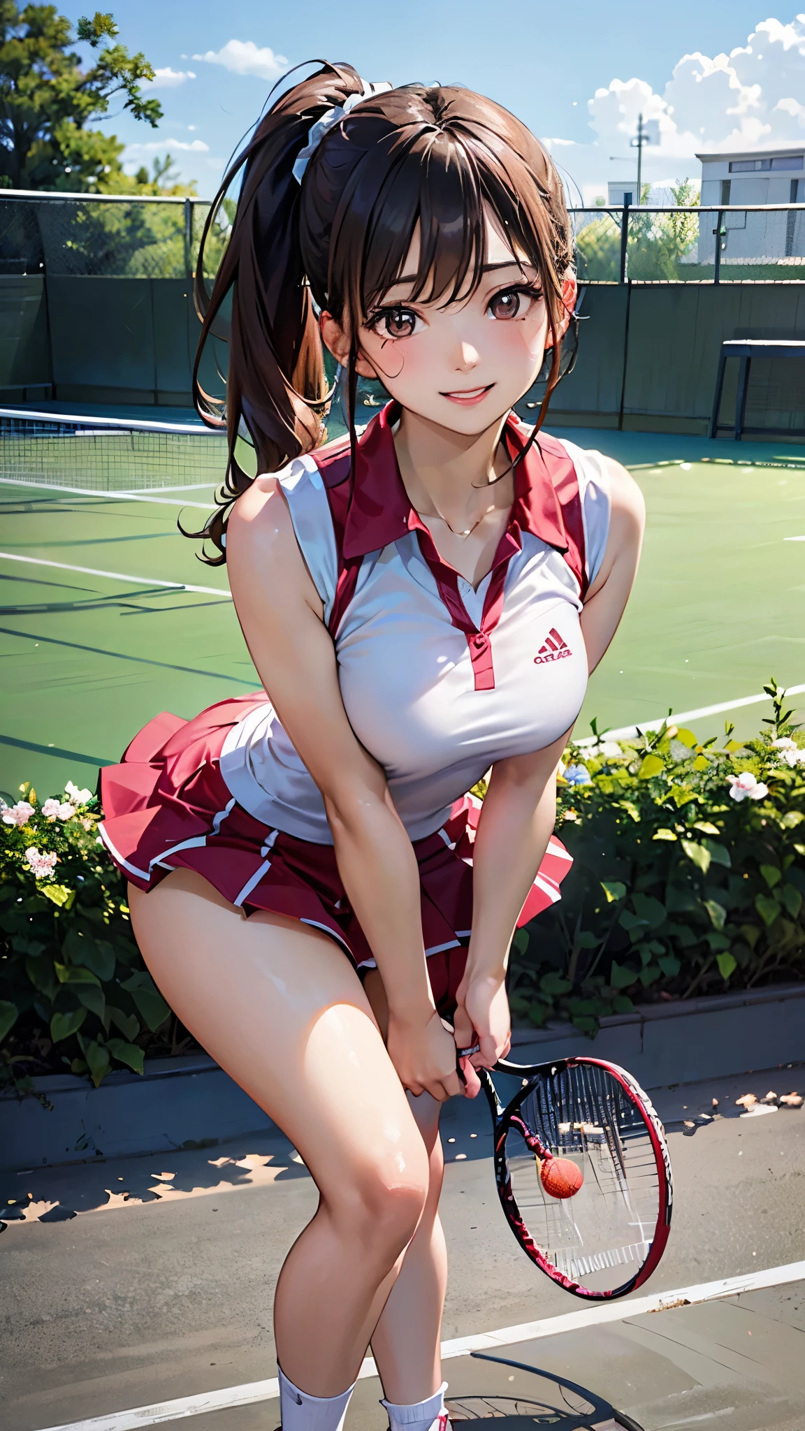 ((perfect anatomy, anatomically correct, super detailed skin)), 1 girl, solo, japanese, 16 years old, tennis player, shiny skin, watching the view, 
beautiful hair, beautiful face, beautiful detailed eyes, brown eyes, (long hair:1.7, side ponytail:1.5, light brown hair), babyface, mole under eye, 
beautiful clavicle, beautiful body, beautiful breasts, beautiful thighs, beautiful legs, large breasts:0.5, seductive thighs, 
cameltoe, bare arms, bare hands, bottomless, closeup clavicle, break, 
((symmetrical clothinetallic)), ((pink tennis uniform, short sleeve, shirt, skirt, socks, tennis shoes)), break, 
(beautiful scenery), evening, ((tennis court)), (stadio:1.5), 
lovely smile, standing, leaning forward, flipping skirt, put finger to lips, break, 
(8k, top-quality, masterpiece​:1.2, extremely detailed), (photorealistic:1.2), beautiful illustration, depth of fields, natural lighting,