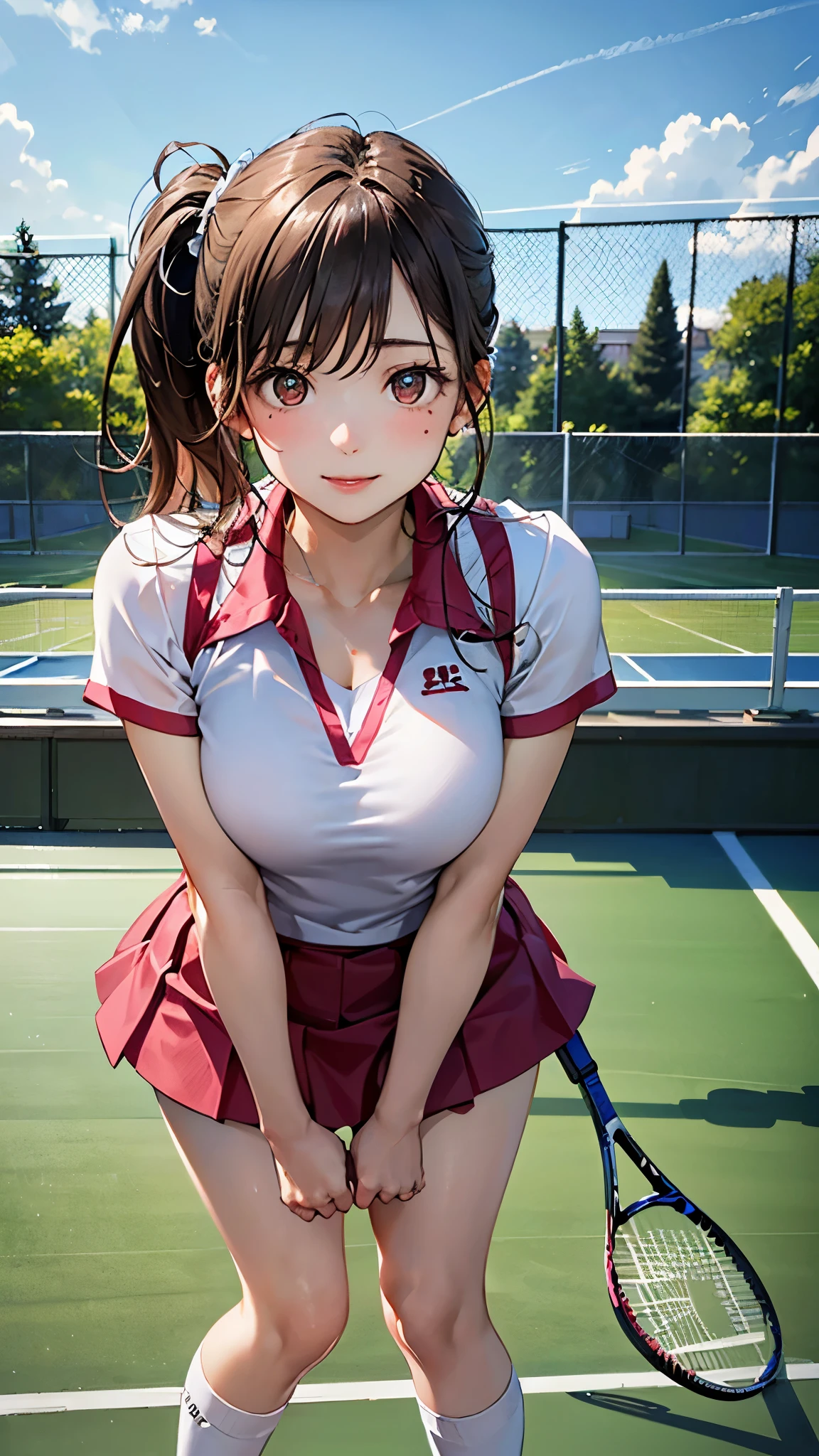 ((perfect anatomy, anatomically correct, super detailed skin)), 1 girl, solo, japanese, 16 years old, tennis player, shiny skin, watching the view, 
beautiful hair, beautiful face, beautiful detailed eyes, brown eyes, (long hair:1.7, side ponytail:1.5, light brown hair), babyface, mole under eye, 
beautiful clavicle, beautiful body, beautiful breasts, beautiful thighs, beautiful legs, large breasts:0.5, seductive thighs, 
cameltoe, bare arms, bare hands, bottomless, closeup clavicle, break, 
((symmetrical clothinetallic)), ((pink tennis uniform, short sleeve, shirt, skirt, socks, tennis shoes)), break, 
(beautiful scenery), evening, ((tennis court)), (stadio:1.5), 
lovely smile, standing, leaning forward, flipping skirt, put finger to lips, break, 
(8k, top-quality, masterpiece​:1.2, extremely detailed), (photorealistic:1.2), beautiful illustration, depth of fields, natural lighting,