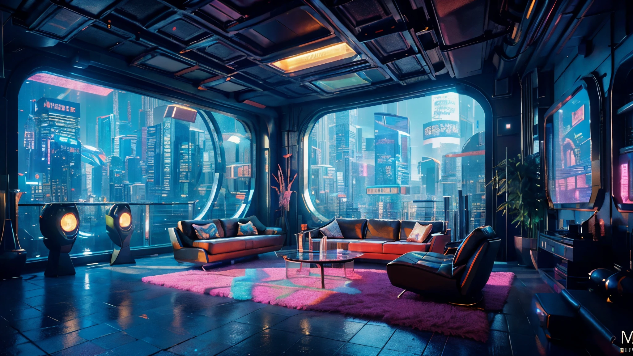 （（tmasterpiece）），（hyper-detailing），（Complicated details），（High resolution CGI artwork 8k），A futuristic cyberpunk living room。Large windows for balcony floor-to-ceiling windowusy and colorful、Detailed cyberpunk cityscape。Futuristic style，There are many colors and LED lights。The cityscape should be very detailed，depth of fields。Create depth with atmospheric lighting，Evoke the feeling of a busy futuristic city outside the window。cameras：Wide-angle lens showing rooms and windows。The window should be the focal point of the image。illuminating：Use atmospheric and volumetric lighting to enhance cityscape detail。The room should be illuminated by the neon lights of the cityscape