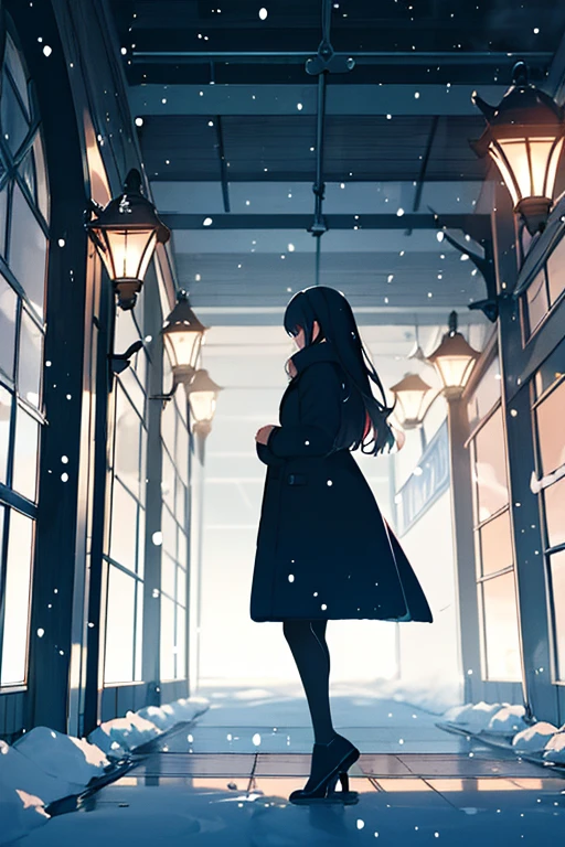 silhouette,1girl, long_hair, window, winter, silhouette, snow, frost, indoor, christmas_decoration, dreamy_expression, warm_lighting, snowing_outside, detailed, soft_colors