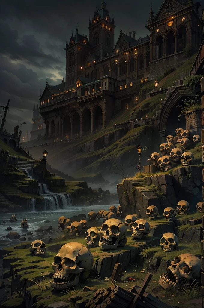 masterpiece, best quality, high resolution, 4k wallpaper, Shadow Isles, a murky landscape with several skulls strewn across the ground, paisagem de cor vermelha escura, demon skulls, demonio, noite escura, Castles in the background in darkness, horror art, creep, dark fantasy, ocultismo, decadence