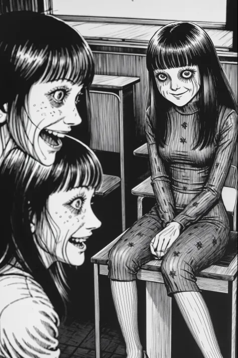 woman, smile, sitting in classroom, tomie, disgusting, creepy, nightmare, disturbing, by junji ito,