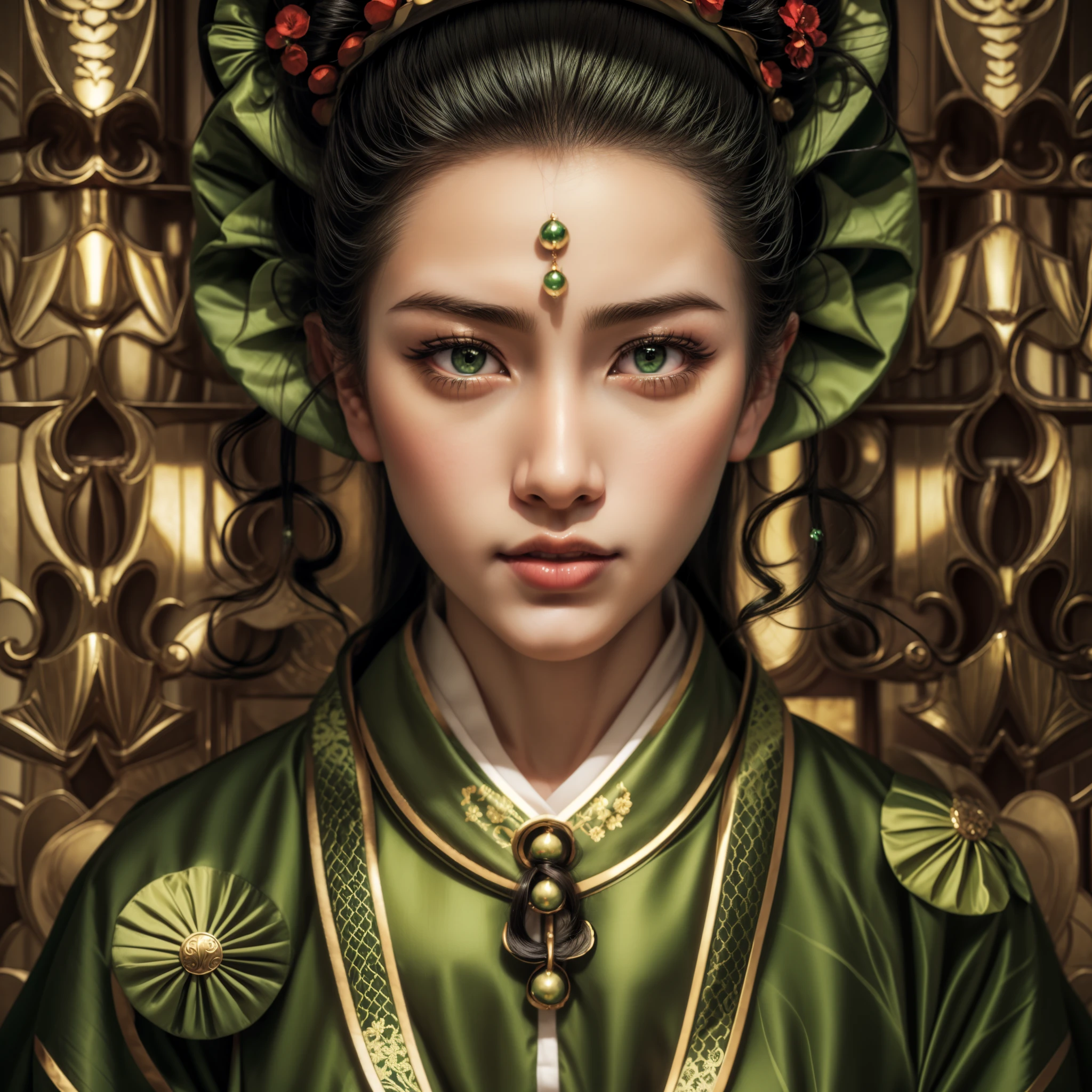 masterpiece, a beautiful young japanese gothic geisha, beautiful long black hair, beautiful (green) eyes, beautiful lips, pale silky skin (well made up), wearing buns in her hair, wearing a stylized green hat, wearing a beautiful green kimono with two red flowers both sides, and in the background golden gates, beautiful hyperrealistic gothic geisha of all ages, photorealistic new age geisha, priestess geisha of the beauty of intricate details.