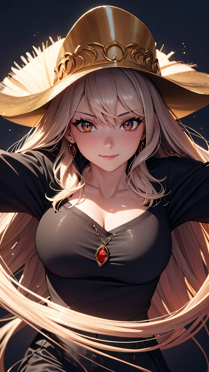 (best quality:1.5, highres, UHD, 4K, detailed lighting, shaders), gold wavy hair, gradient hair, large breasts, black shirt, skirt jeans, mature woman , red Witcher hat, (pov), white background, colorful red eyeshadow, dramatic lighting, smile eyepression, golden earrings, flowing hair, delicate facial features, soft skin, high cheekbones, white background, stand up, lean forward, full body