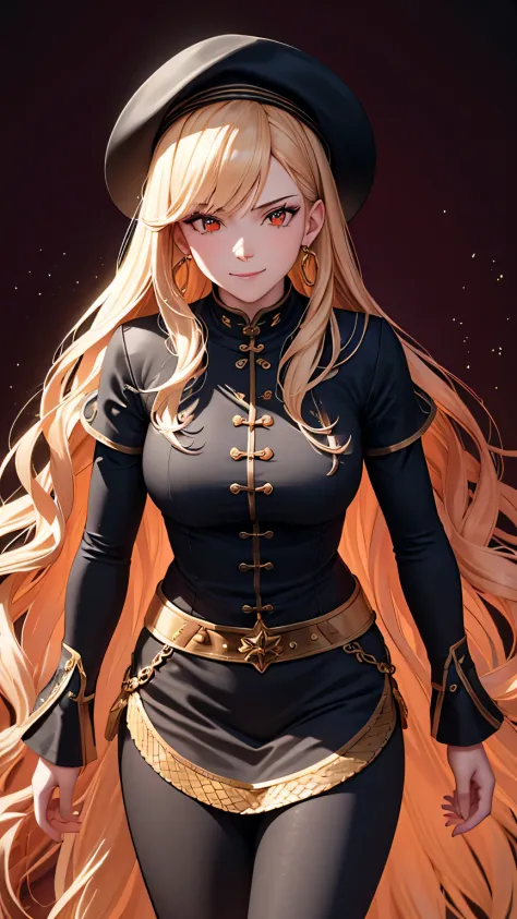 (best quality:1.5, highres, uhd, 4k, detailed lighting, shaders), gold wavy hair, gradient hair, large breasts, black shirt, ski...